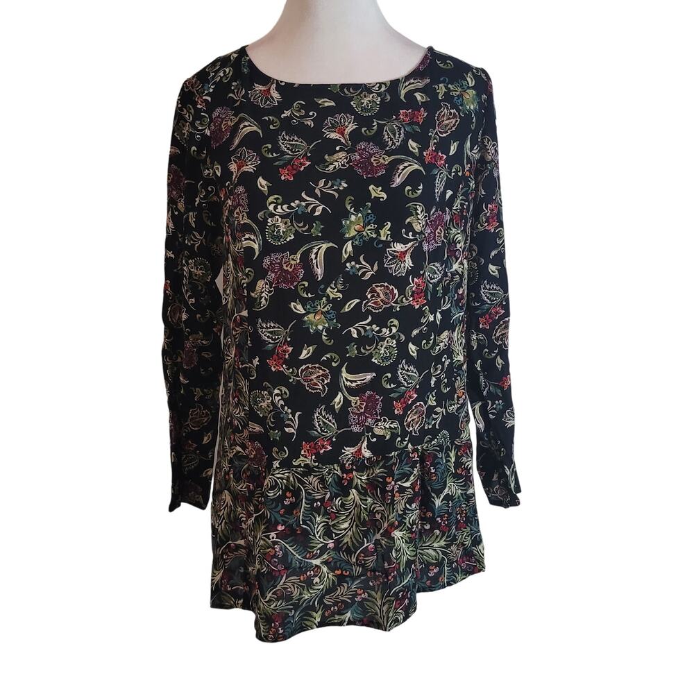 J.Jill Size XS Tunic Top Women Floral Peplum Hem Long Sleeve Rayon Blouse